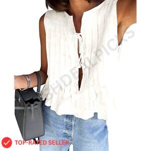Bow Front Tie Tank Top Pleated Babydoll Silhouette Coquette Summer Chic